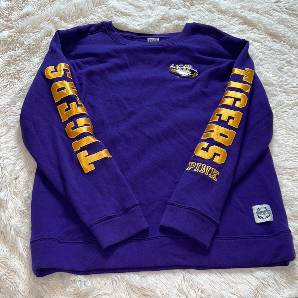 PINK Victoria's Secret Purple and Gold Crew Neck Sweater